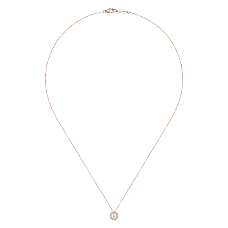 18 Inch 14K Rose Gold Pearl and Diamond Halo Pendant Necklace - 0.05 ct - Shot 2