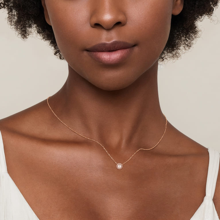 18 Inch 14K Rose Gold Pearl and Diamond Halo Pendant Necklace - 0.05 ct - Shot 3