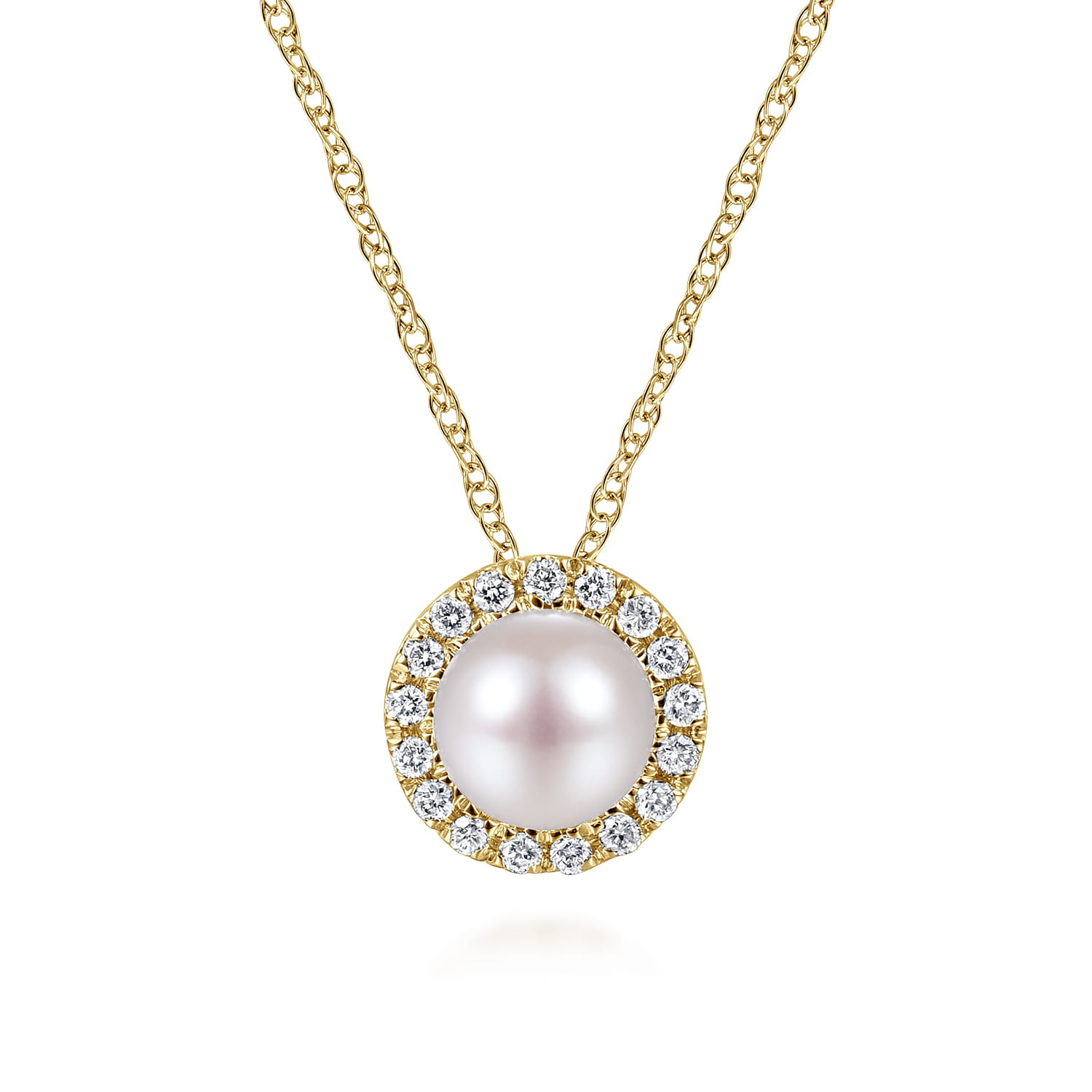 18 Inch 14K Yellow Gold Pearl and Diamond Halo Pendant Necklace - 0.05 ct - Shot 1