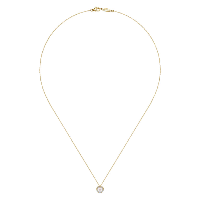 18 Inch 14K Yellow Gold Pearl and Diamond Halo Pendant Necklace - 0.05 ct - Shot 2