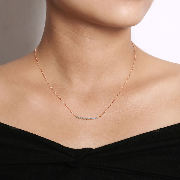 18 inch 14K Rose Gold Diamond Pave Curved Bar Necklace
