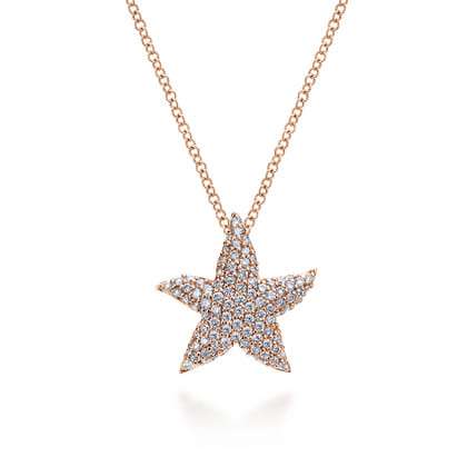 18 inch 14K Rose Gold Pave Diamond Starfish Pendant Necklace