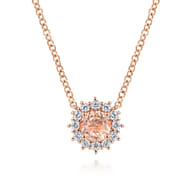 18 inch 14K Rose Gold Round Morganite and Diamond Halo Pendant Necklace