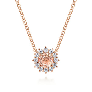 18 inch 14K Rose Gold Round Morganite and Diamond Halo Pendant Necklace