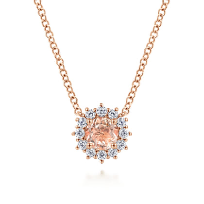 18 inch 14K Rose Gold Round Morganite and Diamond Halo Pendant Necklace