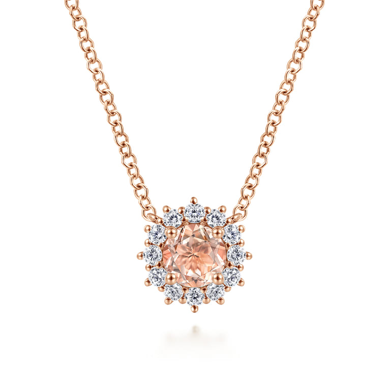 18 inch 14K Rose Gold Round Morganite and Diamond Halo Pendant Necklace - 0.2 ct - Shot 1