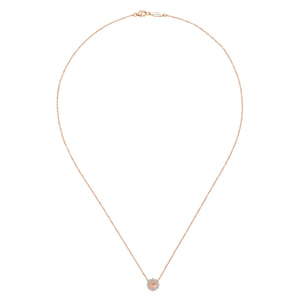 18 inch 14K Rose Gold Round Morganite and Diamond Halo Pendant Necklace