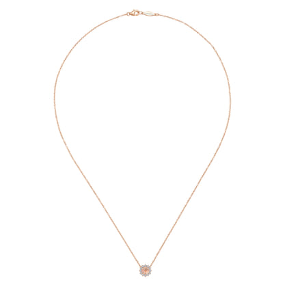 18 inch 14K Rose Gold Round Morganite and Diamond Halo Pendant Necklace