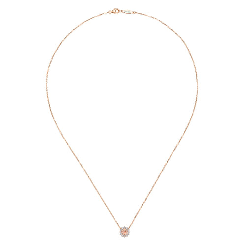 18 inch 14K Rose Gold Round Morganite and Diamond Halo Pendant Necklace - 0.2 ct - Shot 2