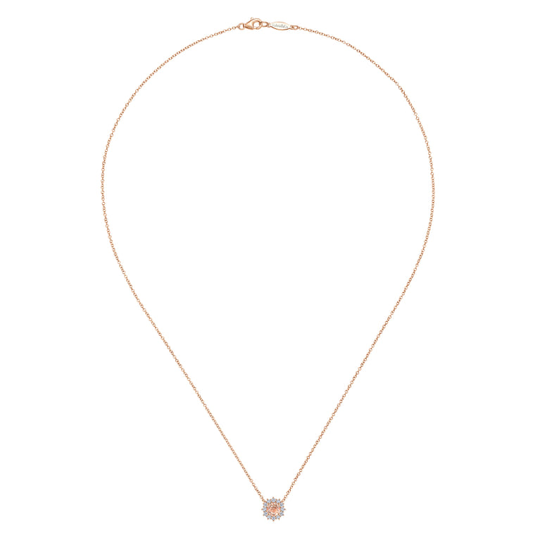 18 inch 14K Rose Gold Round Morganite and Diamond Halo Pendant Necklace - 0.2 ct - Shot 2