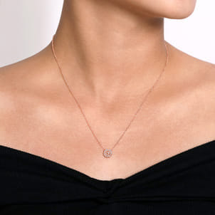 18 inch 14K Rose Gold Round Morganite and Diamond Halo Pendant Necklace