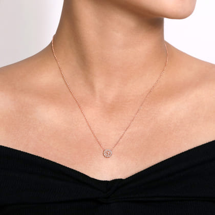 18 inch 14K Rose Gold Round Morganite and Diamond Halo Pendant Necklace