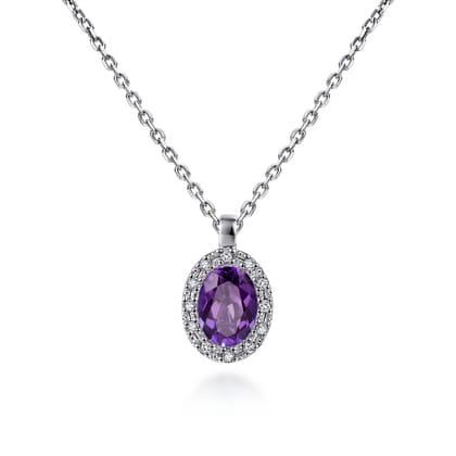 18 inch 14K White Gold Amethyst and Diamond Halo Drop Necklace