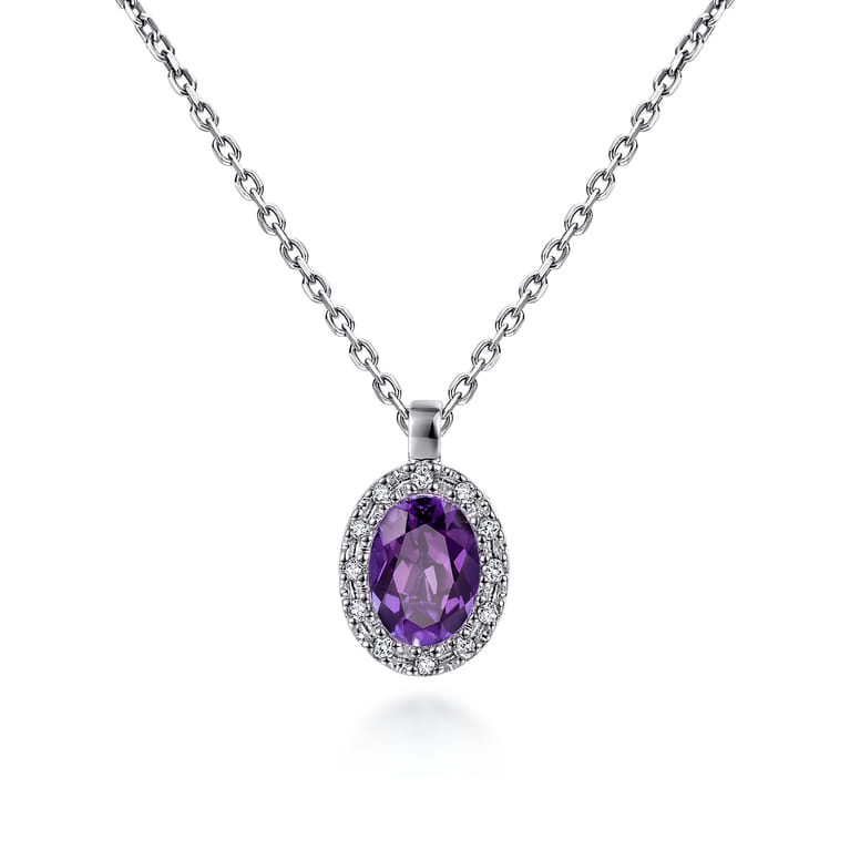 18 inch 14K White Gold Amethyst and Diamond Halo Drop Necklace - 0.06 ct - Shot 1