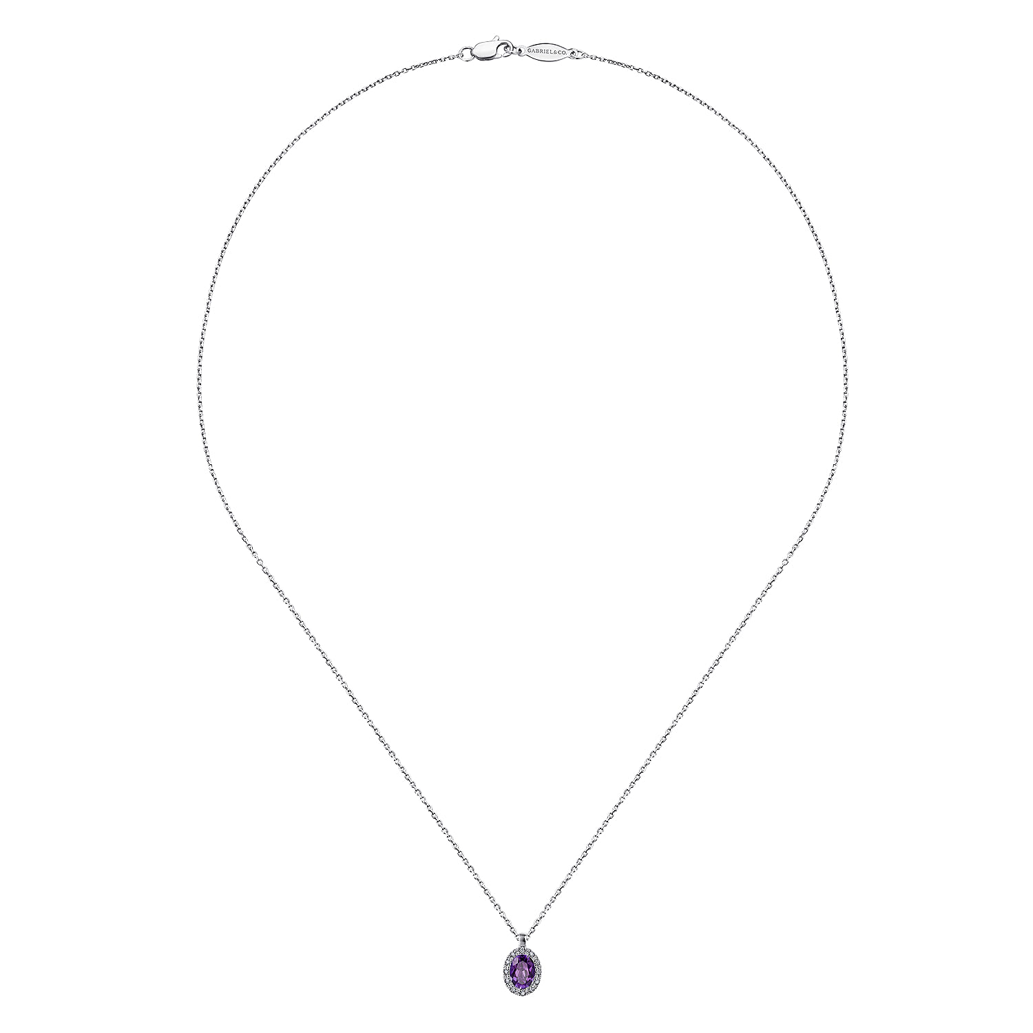 18 inch 14K White Gold Amethyst and Diamond Halo Drop Necklace