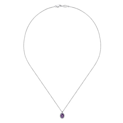 18 inch 14K White Gold Amethyst and Diamond Halo Drop Necklace
