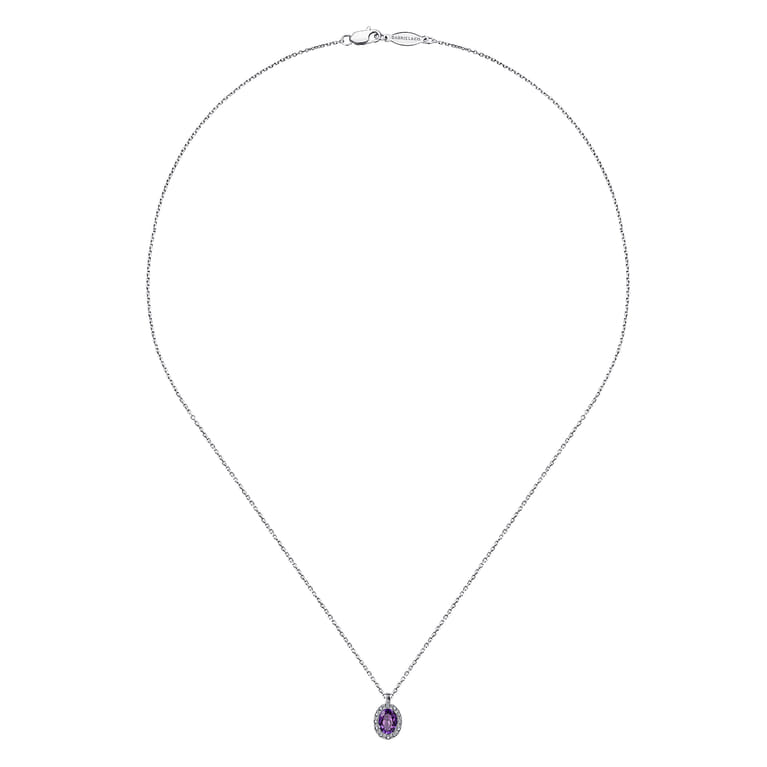 18 inch 14K White Gold Amethyst and Diamond Halo Drop Necklace - 0.06 ct - Shot 2