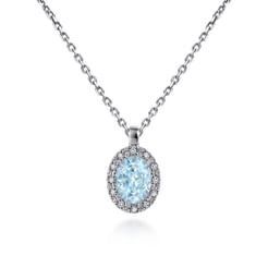 18 inch 14K White Gold Aquamarine and Diamond Halo Drop Necklace
