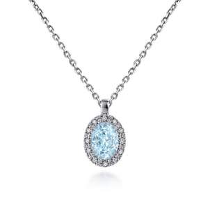 18 inch 14K White Gold Aquamarine and Diamond Halo Drop Necklace