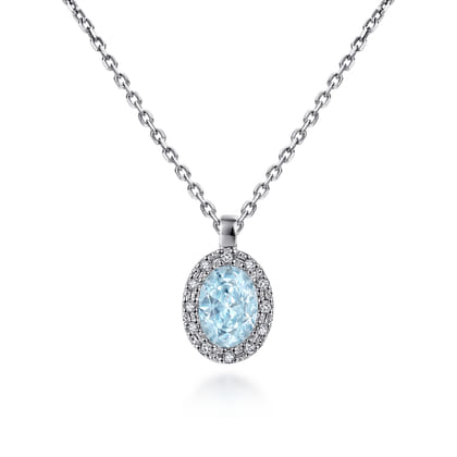 18 inch 14K White Gold Aquamarine and Diamond Halo Drop Necklace