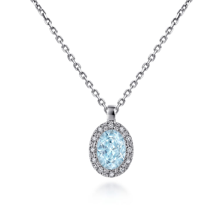18 inch 14K White Gold Aquamarine and Diamond Halo Drop Necklace - 0.06 ct - Shot 1
