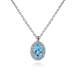 18 inch 14K White Gold Blue Topaz and Diamond Halo Drop Necklace