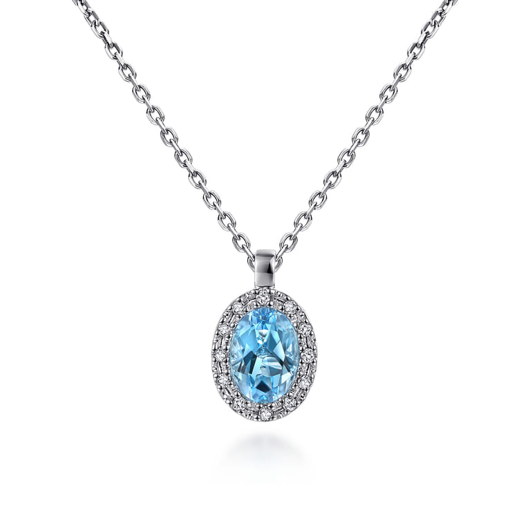 18 inch 14K White Gold Blue Topaz and Diamond Halo Drop Necklace - 0.06 ct - Shot 1