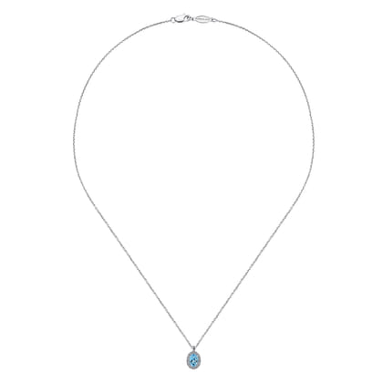 18 inch 14K White Gold Blue Topaz and Diamond Halo Drop Necklace