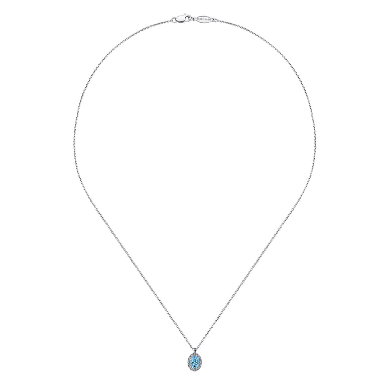 18 inch 14K White Gold Blue Topaz and Diamond Halo Drop Necklace - 0.06 ct - Shot 2