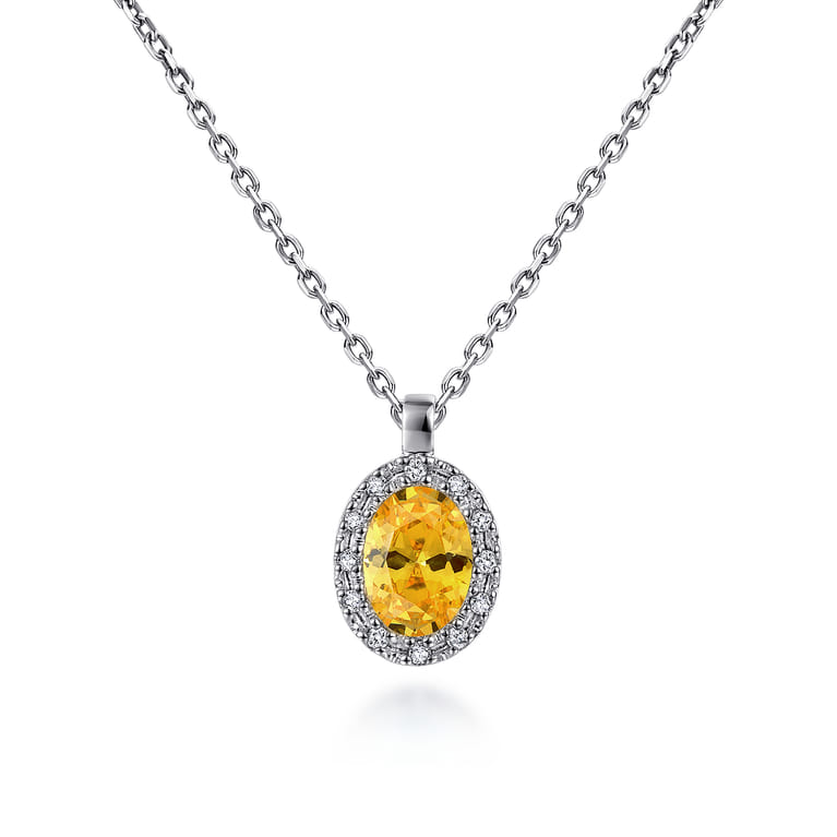 18 inch 14K White Gold Citrine and Diamond Halo Drop Necklace - 0.06 ct - Shot 1