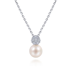 18 inch 14K White Gold Cultured Pearl and Diamond Pavé Pendant Necklace