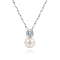 18 inch 14K White Gold Cultured Pearl and Diamond Pave Pendant Necklace