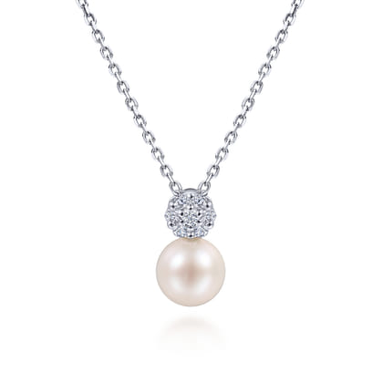 18 inch 14K White Gold Cultured Pearl and Diamond Pave Pendant Necklace