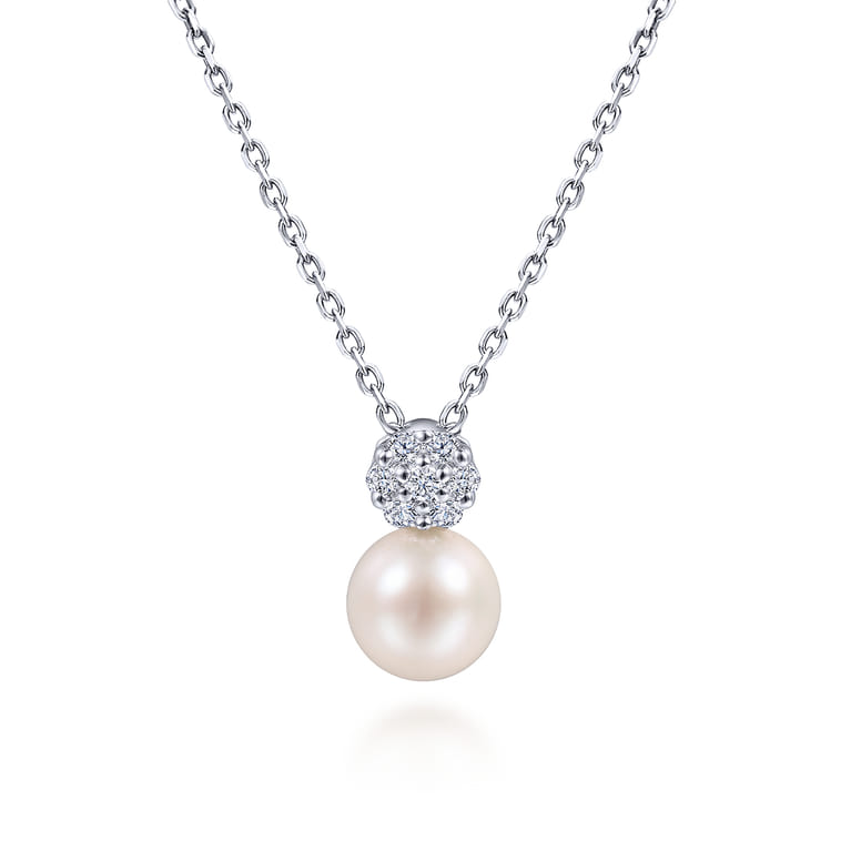 18 inch 14K White Gold Cultured Pearl and Diamond Pave Pendant Necklace - 0.07 ct - Shot 1