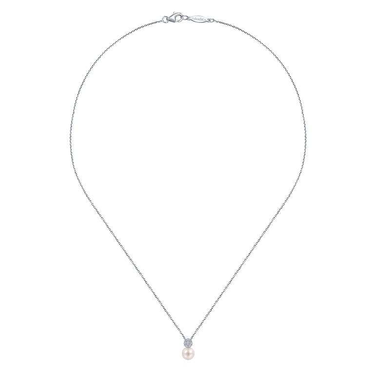 18 inch 14K White Gold Cultured Pearl and Diamond Pave Pendant Necklace - 0.07 ct - Shot 2
