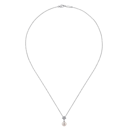 18 inch 14K White Gold Cultured Pearl and Floral Diamond Pendant Necklace - 0.07 ct - Shot 2