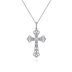18 inch 14K White Gold Diamond Filigree Cross Pendant Necklace
