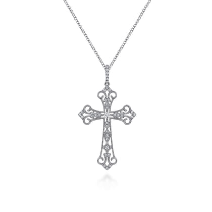 18 inch 14K White Gold Diamond Filigree Cross Pendant Necklace