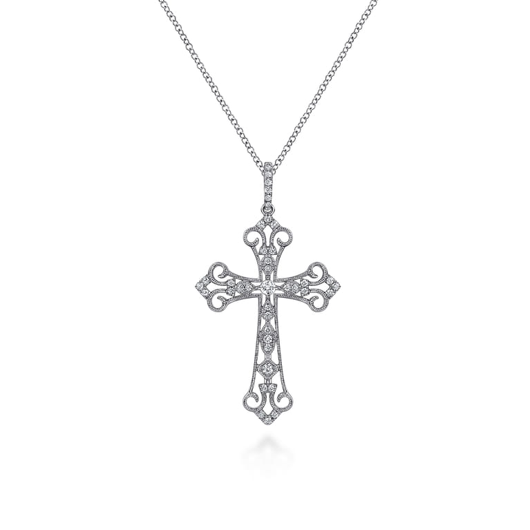 18 inch 14K White Gold Diamond Filigree Cross Pendant Necklace - 0.22 ct - Shot 1
