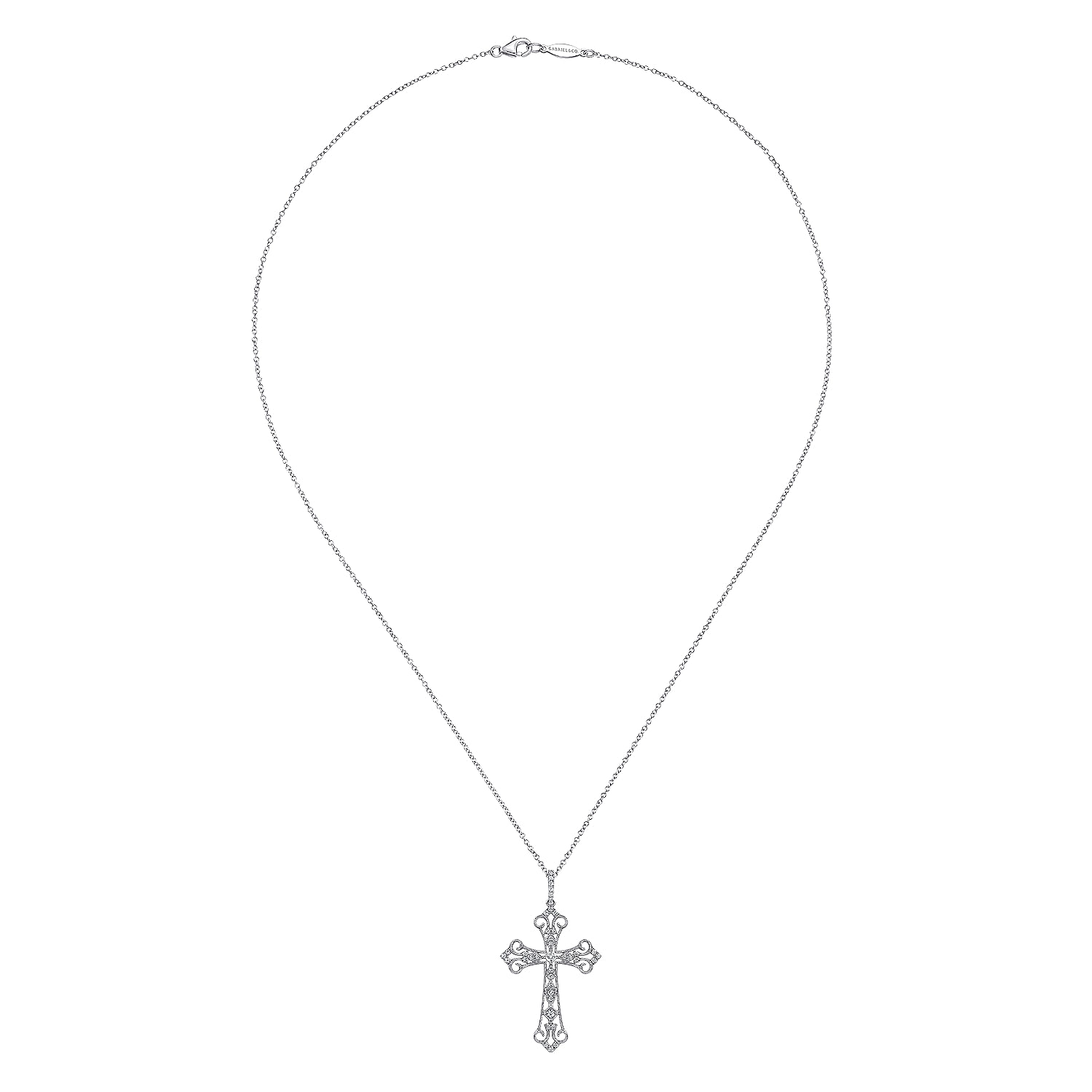 18 inch 14K White Gold Diamond Filigree Cross Pendant