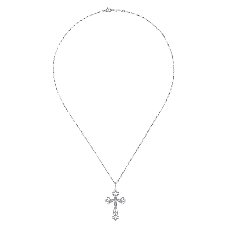18 inch 14K White Gold Diamond Filigree Cross Pendant Necklace - 0.22 ct - Shot 2