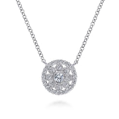 18 inch 14K White Gold Floral Diamond Halo Pendant Necklace