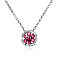 18 inch 14K White Gold Floral Ruby and Diamond Halo Pendant Necklace
