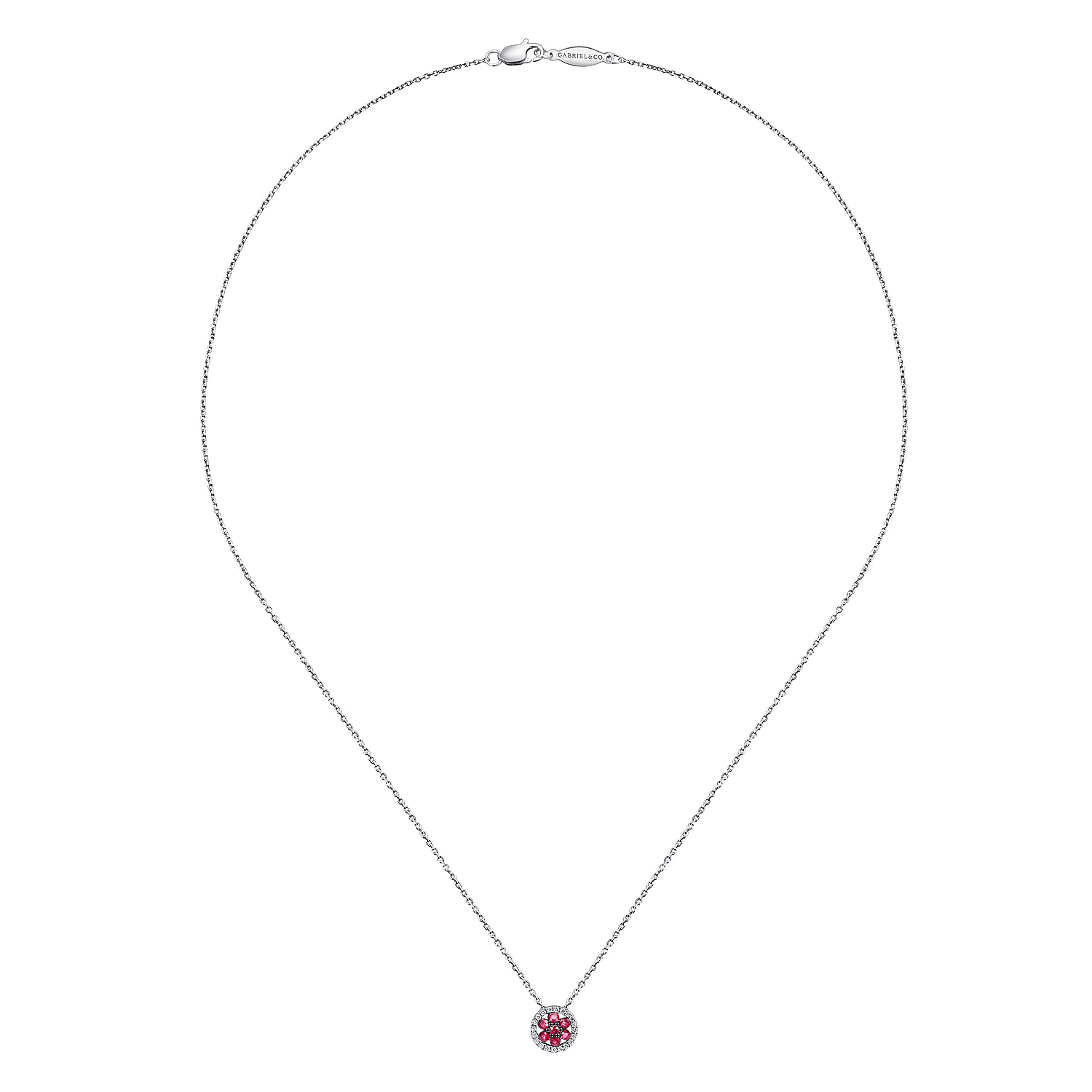 18 inch 14K White Gold Floral Ruby and Diamond Halo Pendant Necklace - 0.1 ct - Shot 2