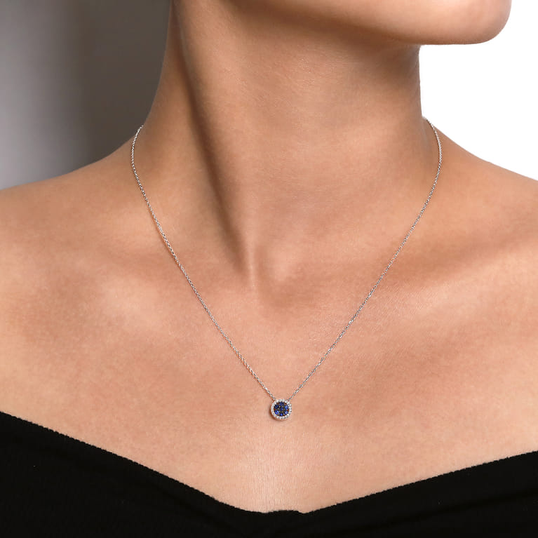18 inch 14K White Gold Floral Sapphire and Diamond Halo Pendant Necklace - 0.1 ct - Shot 3