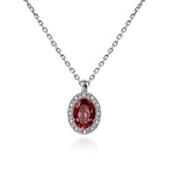 18 inch 14K White Gold Garnet and Diamond Halo Drop Necklace