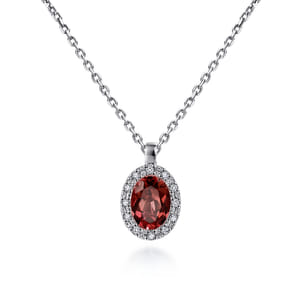 18 inch 14K White Gold Garnet and Diamond Halo Drop Necklace