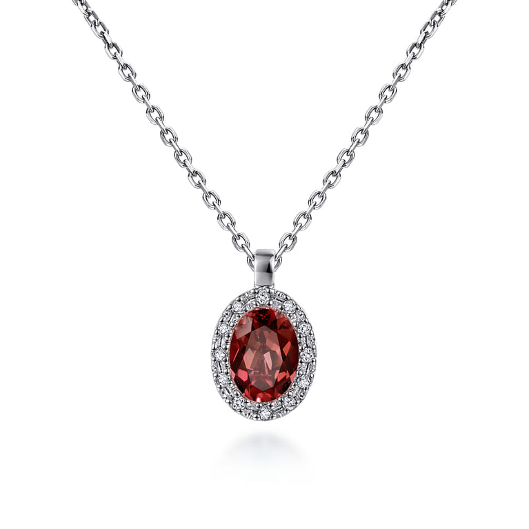 18 inch 14K White Gold Garnet and Diamond Halo Drop Necklace - 0.06 ct - Shot 1
