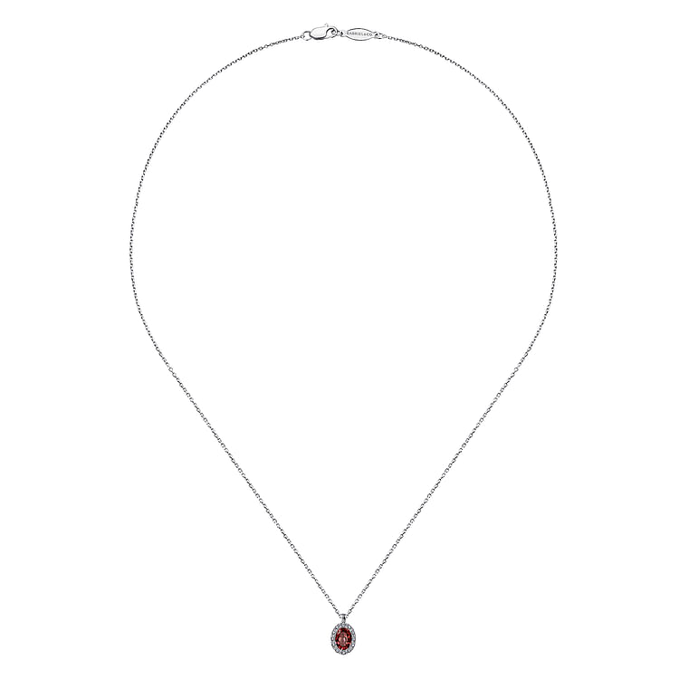 18 inch 14K White Gold Garnet and Diamond Halo Drop Necklace