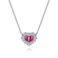 18 inch 14K White Gold Heart Ruby and Diamond Heart Pendant Necklace